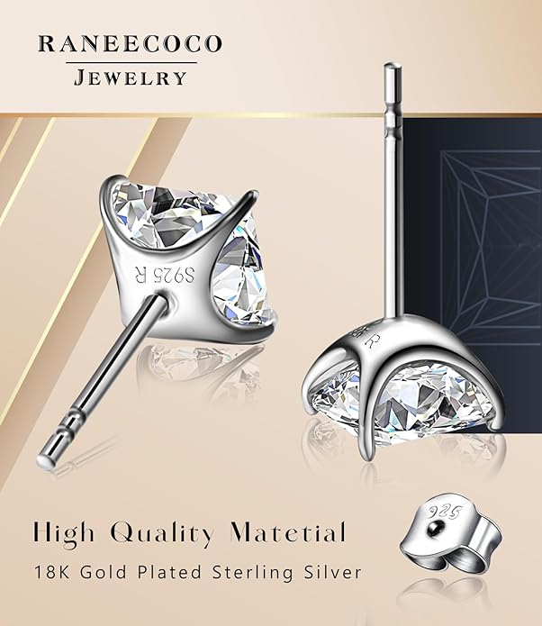 ”STUNNING FLAME“ 18K Gold Plated Sterling Silver Princess Cut Cubic Zirconia Stud Earrings for men women