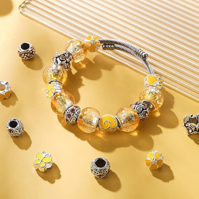 60 Pieces Assorted European Beads with Plating Silver Metal Alloy Rhinestone Large Hole Spacer Beads for DIY Charm Bracelet Jewelry Making (Lemon)