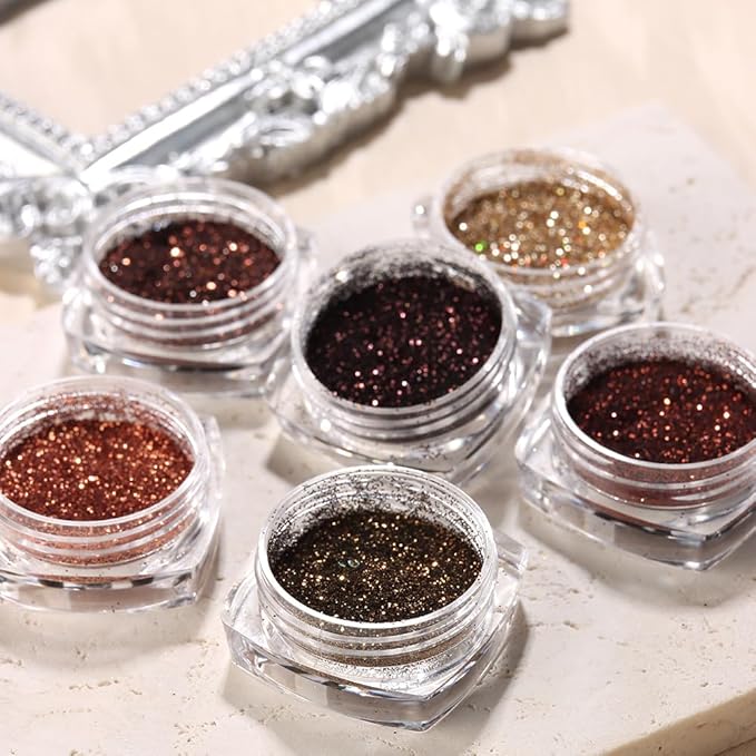6 Colors Holographic Nail Art Glitter, Ultra Fine Metallic Shining Glitter Dust, Retro Champagne Golden Reflective Sugar Dipping Pigment for DIY Gel Polish Nail Art Decoration, Resin Craft