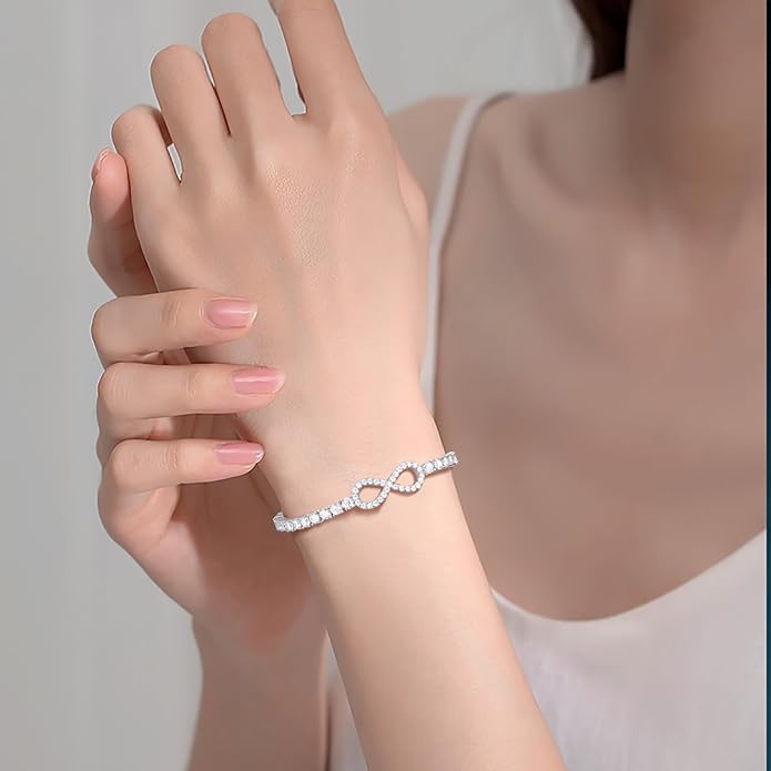 Moissanite Tennis Bracelets For Women, S925 Sterling Silver Infinity Bracelet, 3MM Width 18K Gold Plated White Gold Adjustable Bolo Bracelets- Birthday Valentines Day Gifts For Her Wife Mom