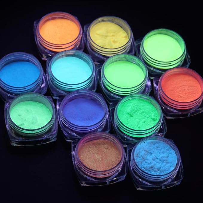 12 Colors Glow in The Dark Powder, Luminous Pigment Powder Fluorescent Neon Phosphor Glitter Dust for Gel Polish Nail Art Decoration, Resin Craft