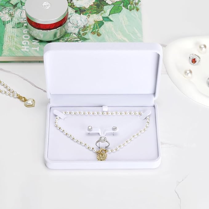 LETURE Large Velvet Jewelry Set Box, Big Necklace and Ring Earring Pendant Gift Box, Pearl Necklace/Chunky Necklace Jewelry Storage Case (White)