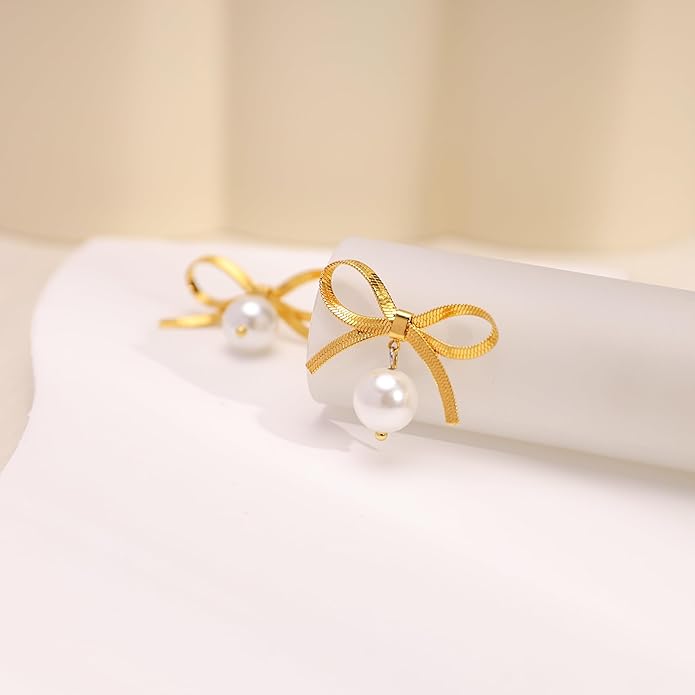Pearl Earrings for Women - Dainty Gold Dangle Drop Earrings, 14k Gold Plated Cute Bow Design, Hypoallergenic Pearl Studs, Wedding Jewelry Gifts
