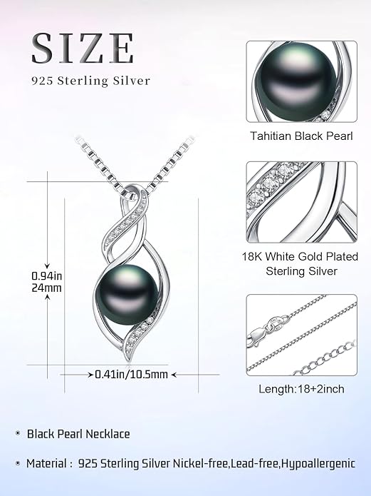 Tahitian Black Pearl AAAA 18K Gold Plated Sterling Silver Pendant Necklace for Women Wife Mom Girlfriend Valentine Her Jewelry Gift for Anniversary Birthday Christmas