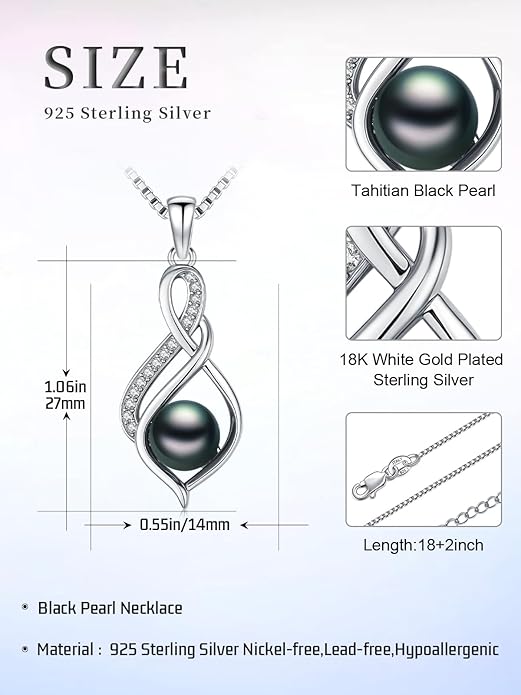 Tahitian Black Pearl AAAA 18K Gold Plated Sterling Silver Pendant Necklace for Women Wife Mom Girlfriend Valentine Her Jewelry Gift for Anniversary Birthday Christmas