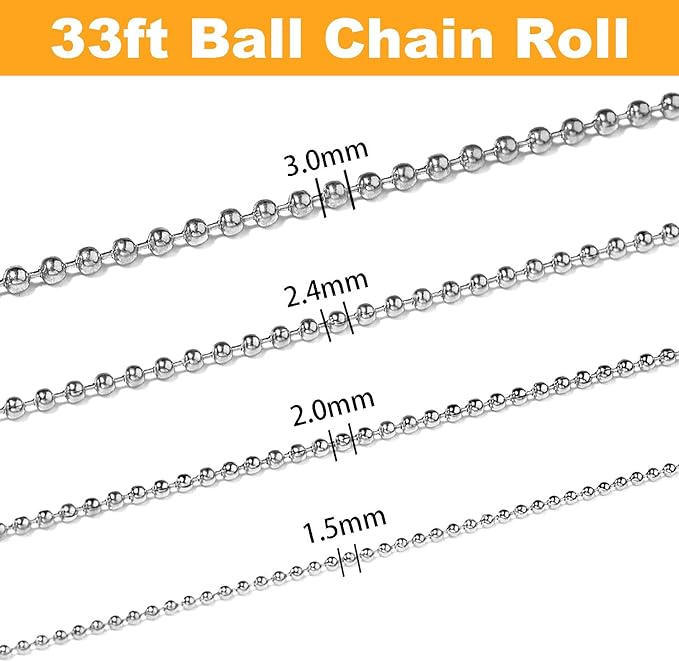 Jishi Steel Ball Chain Bead Dog Tag Chain Beaded Necklace Chains for Jewelry Making Bracelet Military Crafts, Silver Metal Pull Chain Small Ball Bead Chain Roll w/20 Connectors (Silver, 33ft 1.5mm)