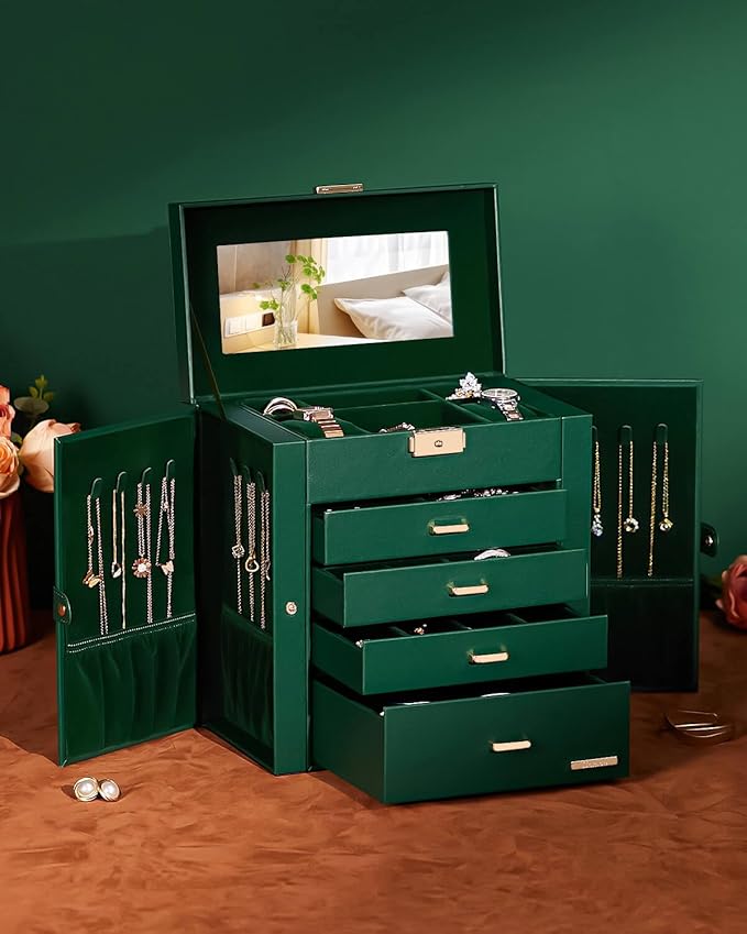 Homde Synthetic Leather Huge Jewelry Box Mirrored Watch Organizer Necklace Ring Earring Storage Lockable Gift Case (Forest Green + Gold)