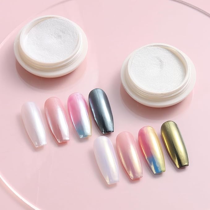 Fcozpjk White Chrome Nail Powder - 6 Colors Pearl Chrome for Nails, Mirror Effect Metallic Rubbing Pigment Dust, Glazed Donut Nail Art Pearlescent Glitter Manicure Decor