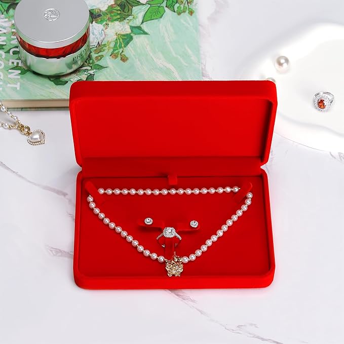 LETURE Large Velvet Jewelry Set Box, Big Necklace and Ring Earring Pendant Gift Box, Pearl Necklace/Chunky Necklace Jewelry Storage Case (Wine Red)