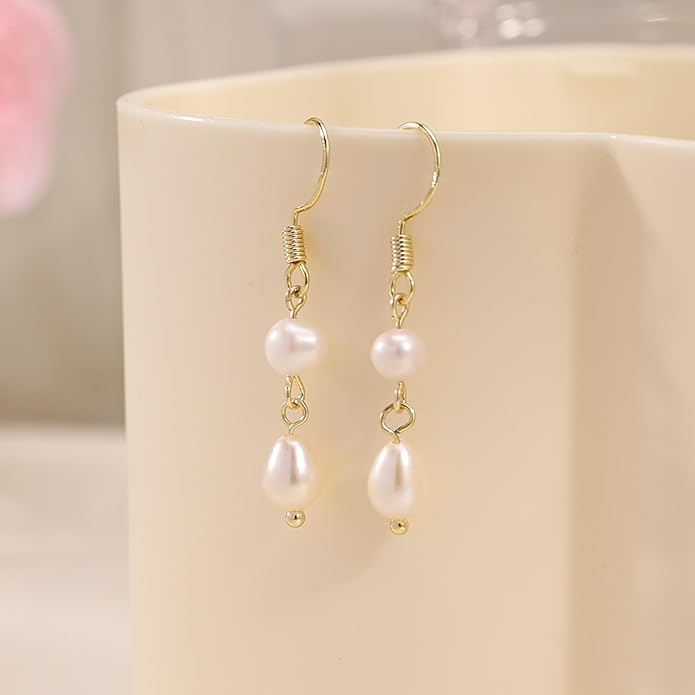 Pearl Earrings for Women - Dainty Gold Dangle Drop Earrings, 14k Gold Plated Cute Bow Design, Hypoallergenic Pearl Studs, Wedding Jewelry Gifts