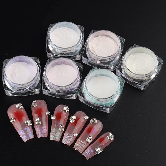 Pearl Chrome Nail Powder Set - 6 Colors Aurora Powder Mermaid Effect for Nails Iridescent Nail Glitter Shimmer White Rubbing Dust Nail Pigment Set Manicure Nail Art Decorations (Y451-459)