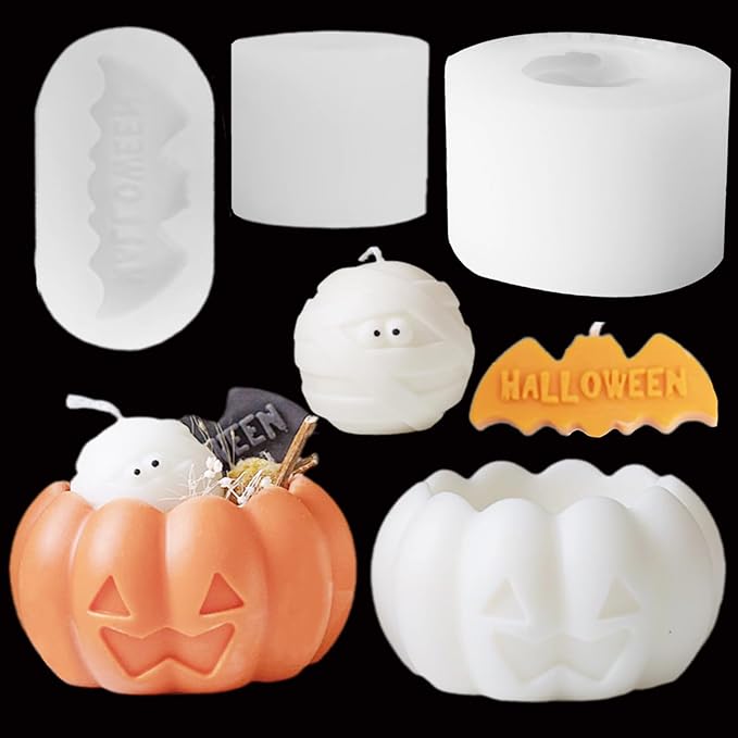 TOPYS 3 Pcs Halloween Candle Silicone Molds Set, DIY Letter Bat, Mummy Ball and 3D Pumpkin Container Mould for Candle Making, Wax Gypsum Ornament Resin Soap Chocolate Mold Home Decor
