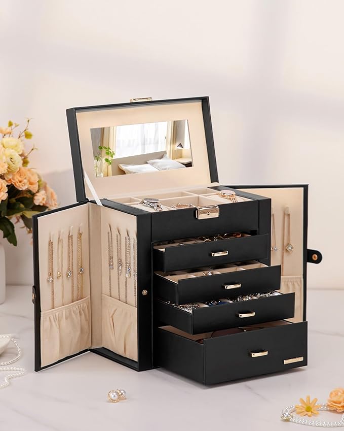 Homde Valentine's Day Gifts Synthetic Leather Huge Jewelry Box Mirrored Watch Organizer Necklace Ring Earring Storage Lockable Gift Case (Black + Gold)