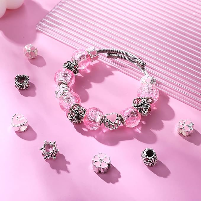 60 Pieces Assorted European Beads with Plating Silver Metal Alloy Rhinestone Large Hole Spacer Beads for DIY Charm Bracelet Jewelry Making (Pink)