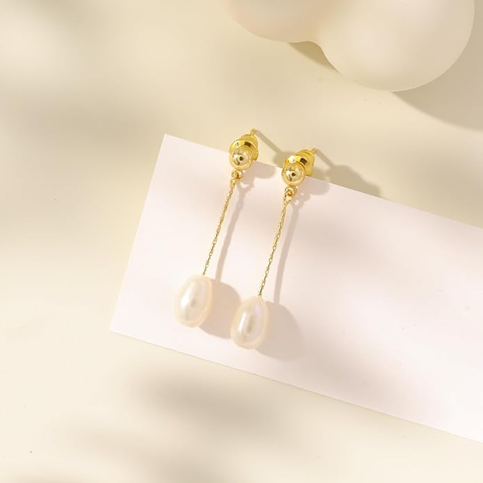 Pearl Earrings for Women - Dainty Gold Dangle Drop Earrings, 14k Gold Plated Cute Bow Design, Hypoallergenic Pearl Studs, Wedding Jewelry Gifts
