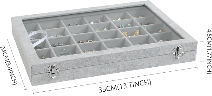 Wudygirl 30 Grid Jewelry Organizer Velvet Jewelry Box Jewelry Tray with Clear Lid Storage Case Showcase Display Stackable Removable (30 Grid)
