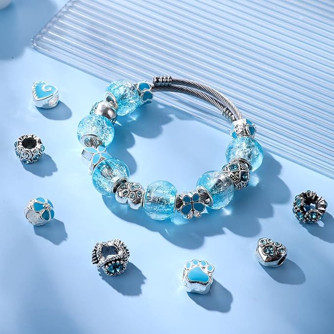 60 Pieces Assorted European Beads with Plating Silver Metal Alloy Rhinestone Large Hole Spacer Beads for DIY Charm Bracelet Jewelry Making (Aqua)