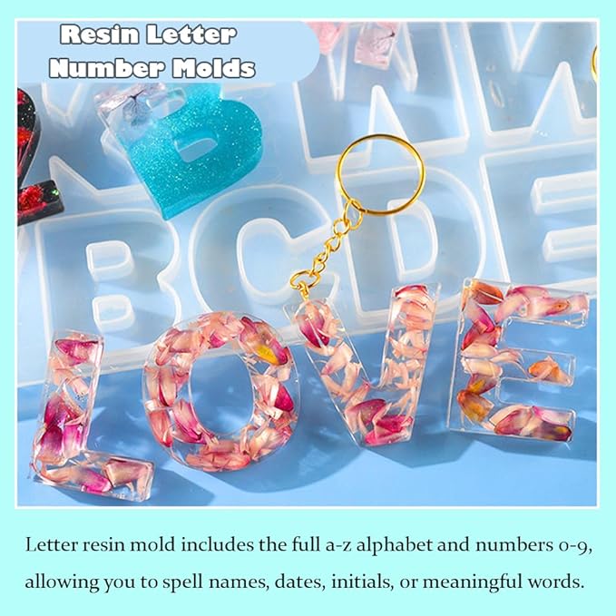 Alphabet Keychain Molds with Hole Silicone Resin Letter Number Molds Reusable Alphabet Resin Mold for Making Keychain Bag Charms Jewelry Pendant