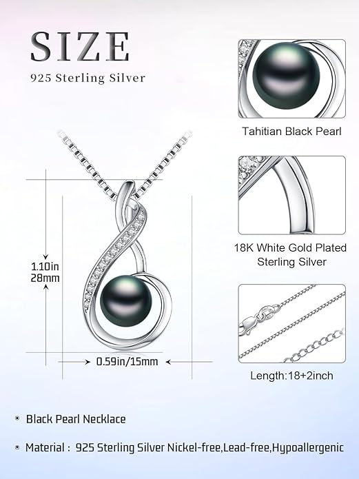 Tahitian Black Pearl 18K White Gold Plated Sterling Silver Heart Pendant Necklace for Women Wife Mom Girlfriend Valentine Jewelry Gift for Mother Day Wedding Anniversary Birthday