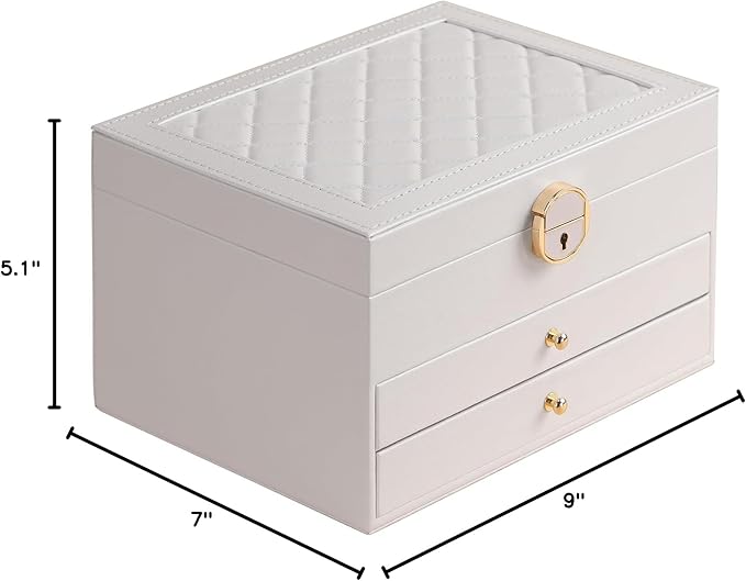 GUOER Jewelry Box for Women Girl Wife 3 Layers Large PU Leather Jewelry Organizer Storage Case with Two drawers Display for Earrings Bracelets Rings Watches (White)