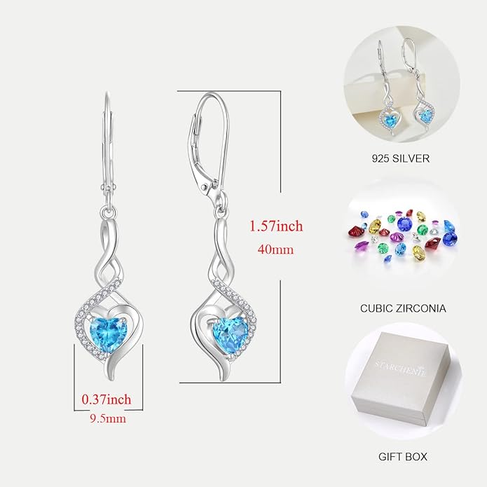 Starchenie Infinity Heart Earrings Sterling Silver Twisted Leverback Earring Gemstones Jewelry for Women