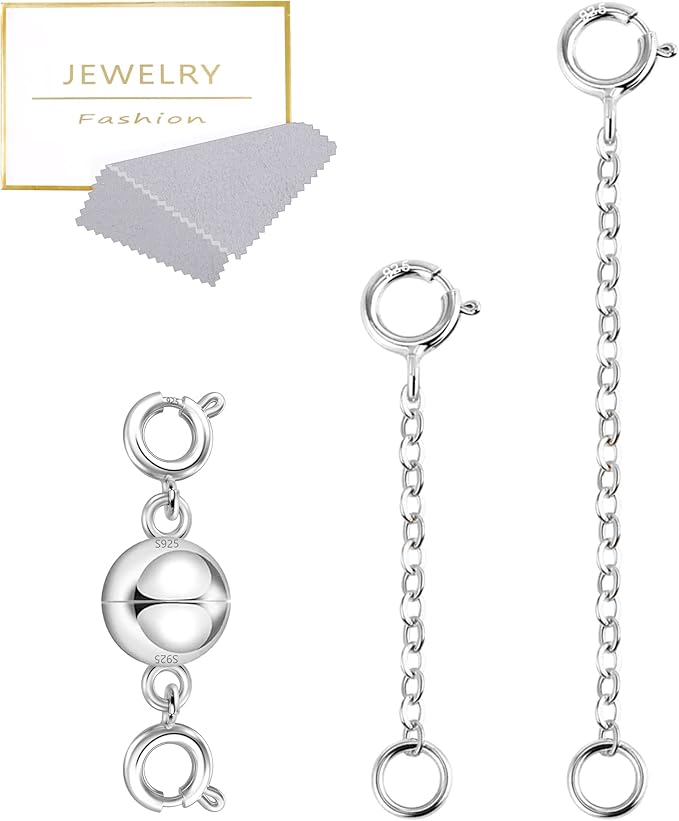 Silver Necklace Extender, 925 Sterling Silver Magnetic Necklace Clasps and Closures, Silver Double Magnetic Clasps Necklace Bracele Connector Extenders Extension Chains for Jewelry Making