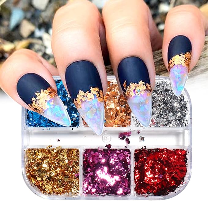 Nail Art Foil Glitter Flakes, Holographic Ultra-Thin Aluminum Foil Sequins Design, Metallic 3D Sparkly Nail Foils Acrylic Supplies for Women Girls Manicure Shiny Decorations, Gold Foil Nail Art Tips