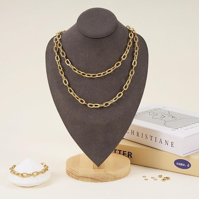 GTVOODX 18K Gold Plated Cable Chains Bulk Chunky Stainless Steel Unsoldered Textured Oval Link Chain Roll Spool for DIY Jewelry Making Supplies Findings