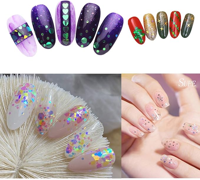 AddFavor 4 Boxes Holographic Nail Sequins Mixed Shapes Iridescent Glitter Flakes Hearts Star Moon DIY Design Manicure Nail Art Decorations Sets for Nail Art/Craft/Makeup