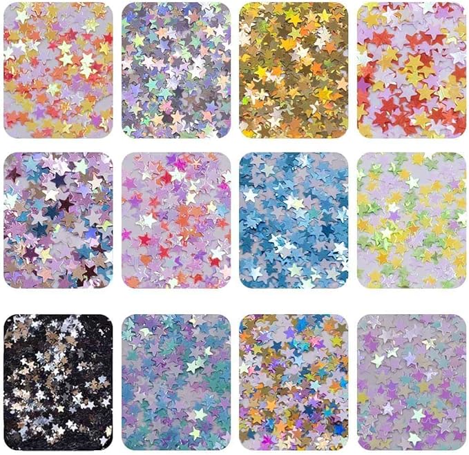 EBANKU Star Glitter Confetti, 24 Boxes Holographic Sequins 3D Laser Nail Art Flakes Colorful Nail Glitter Manicure Decals Nail Decoration
