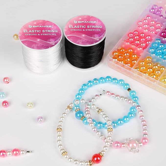 Stretchy String for Bracelets, BFANGZ Elastic String Jewelry Bead Cord with 2Pcs Beaded Needles and A Scissors for Seed Beads, Pony Beads, Bracelets and Jewelry Making (120M Black White)