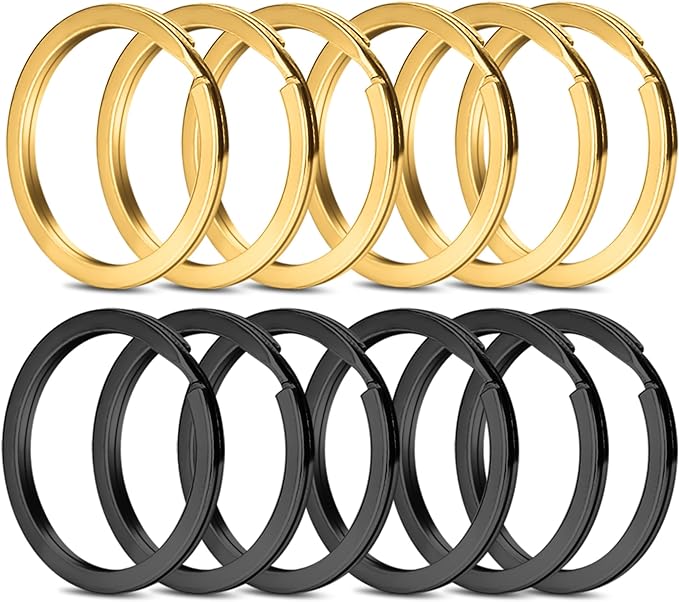 Gkeygo 12 pcs Stainless Steel Key Rings, 1 inch Flat Split Keychain Ring for Car Keys, Dog Tag, Home, Office, DIY, Black - Gold