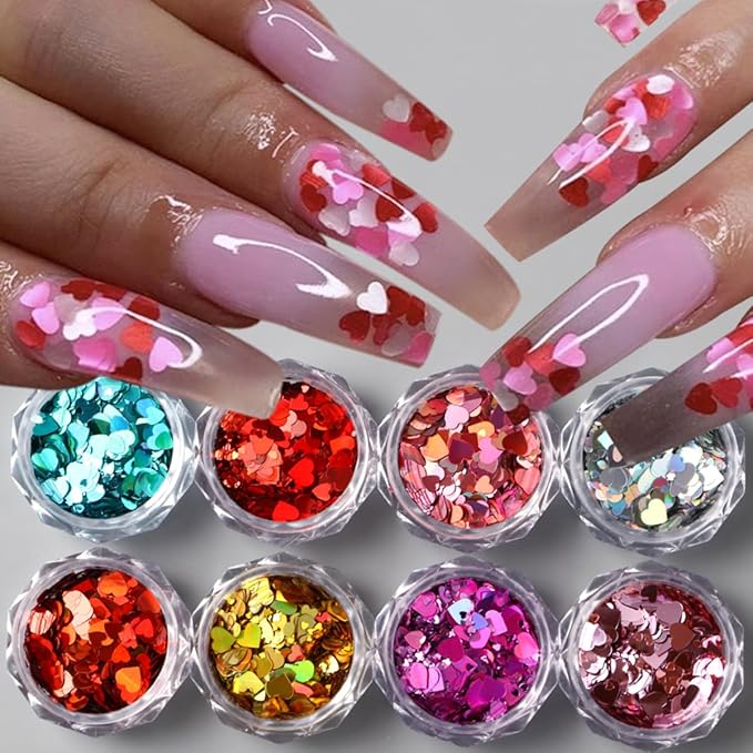 Holographic Valentines Nail Glitter Foils, 8Colors Sparkly Ultra-Thin Foil Nail Art Flakes Design, Laser Heart Nail Sequins Acrylic Supplies for Women Girls Manicure Charms Decor, DIY 3D Nail Art Tips