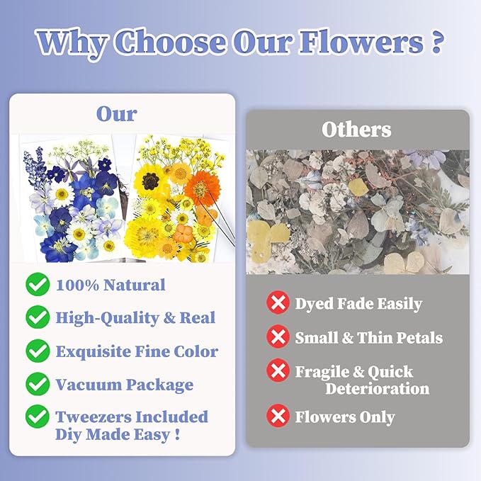 150Pcs Pressed Flowers for Crafts, Colorful Dried Flowers for Crafts Real Natural Dried Pressed Flowers Dry Leaves Bulk for Resin, DIY Art, Scrapbook, Jewelry, Card, Candle & Soap Making with Tweezers