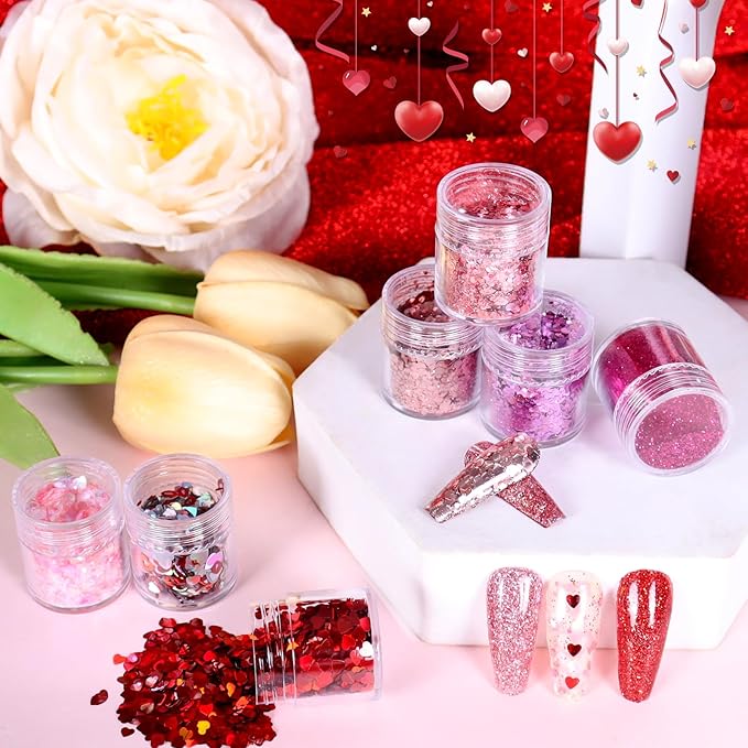 Laza 12 Colors Nail Art Glitter for Valentine’s Day Nail Stickers Chunky Red Glitter Powder Fairy Dust Pink Nail Charms Sparkle Confetti Sequins Foil Flakes for Nails, Makeup, Resin — Glittery Love