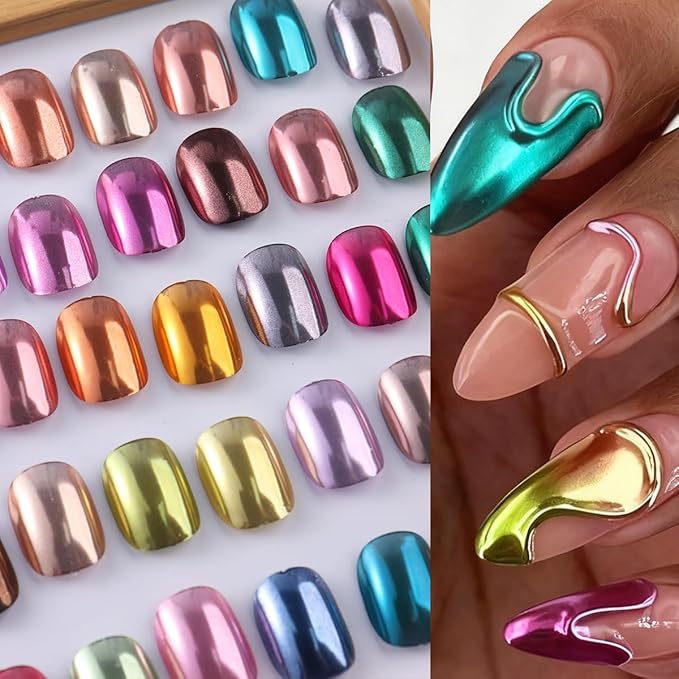 40 Colors Metallic Mirror Chrome Nail Powder Set, Professional Metallic Mirror Pigment with Holographic Shine, Includes Rose Gold Silver Champagne Shades for DIY Nail Art & Salon Manicure
