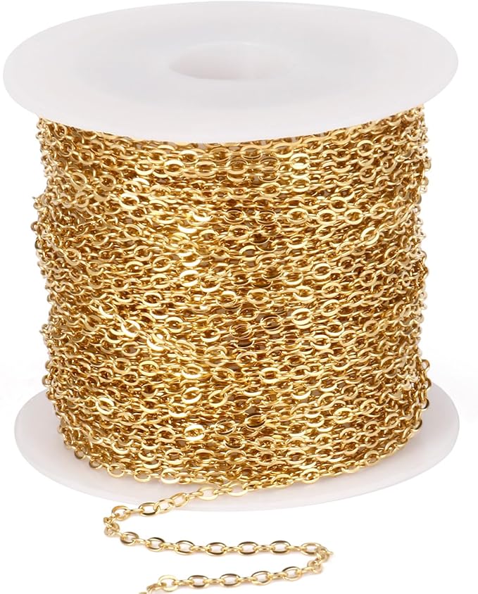 33 Feet 18K Gold PVD Plated Stainless Steel Cable Chain Bulk, 1.5mm 304 Stainless Steel Flat Cable Link Chains Roll Spool for Jewelry Making Necklace DIY Craft