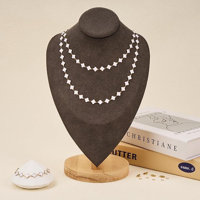 GTVOODX Gold Plated White Enamel Clover Link Chain 9.8 Feet Stainless Steel Craft Chain Bulk for Women DIY Jewelry Making with Lobster Clasps Jump Rings