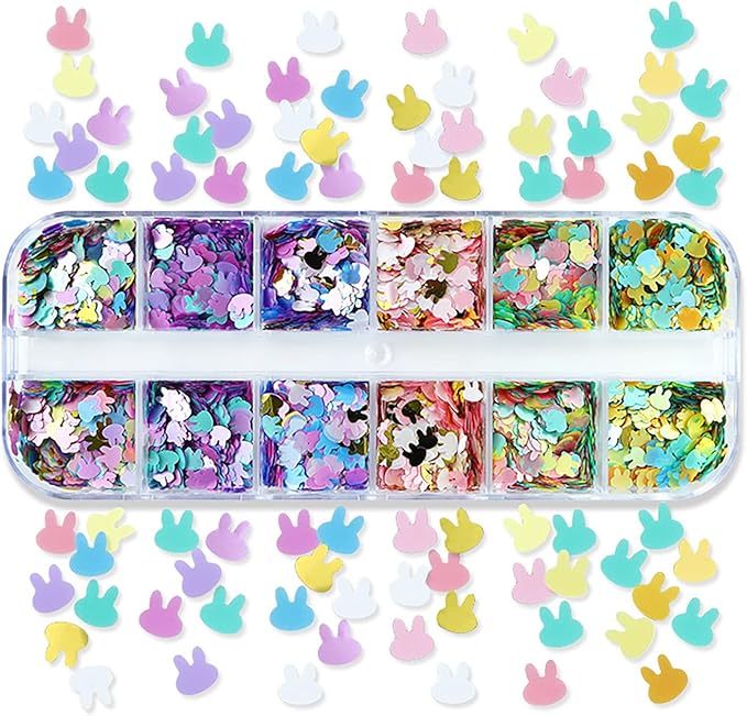 Rabbit Nail Art Glitter Sequins, 3D Animal Rabbits Nail Flakes Designs, Holographic Easter Laser Rabbit Acrylic Nails Supplies for Women Girls Manicure Decorations, DIY Body Makeup Crafts Kit