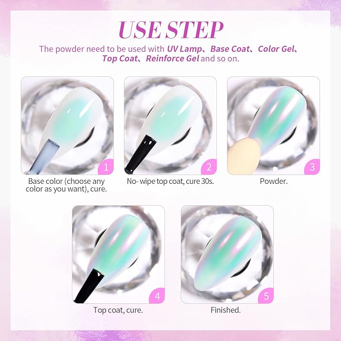 Born Pretty Chrome Powder Metallic Mirror Auroras Mermaid Pearl Pigment Powder Manicure Nail Art Decoration Sets 2 Boxes
