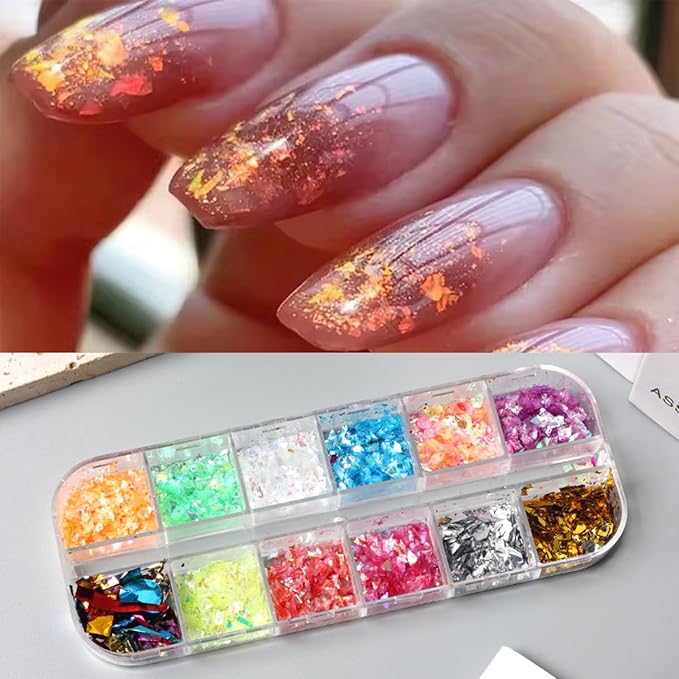 12 Colors Holographic Nail Art Glitter 3D Iridescent Glitter Nail Foil Flakes Ice Slag Nail Glitter Mermaid Flakes Colorful Fluorescent Confetti Nail Sequins Sticker for DIY Manicure Make Up Crafts
