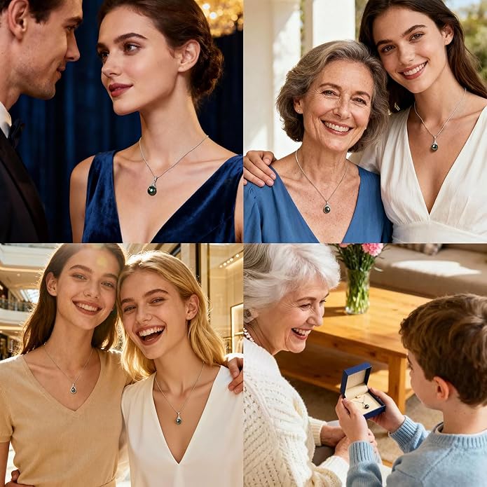 Genuine Tahitian Black Pearl Necklace - Christmas Gift for Wife Mom Daughter Girlfriend, Jewelry Gifts for Anniversary Wedding Birthday, 9-10mm Sea water Pearl with Sterling Silver Moissanite Pendant