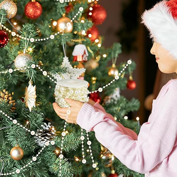 3 Rolls Pearls String Beads Decoration Pearl Garland for Christmas Tree Faux Pearl Garland Roll Strand for Crafting String of Flowers Wedding,66 Feet (Ivory)