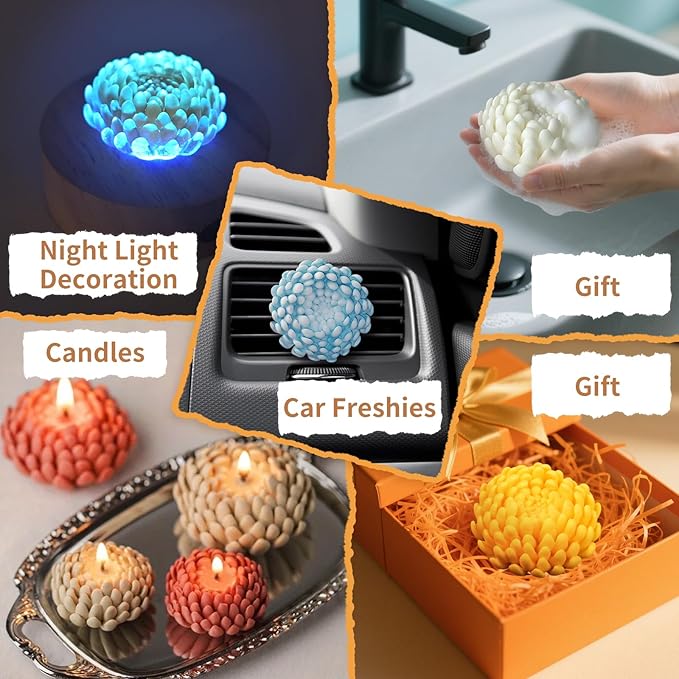 3 Pack Flower Candle Molds, Fall Candle Molds Set of Large + Medium + Small 3D Plant Chrysanthemum Silicone Mold for Candles Wax Soap Epoxy Resin Clay Plaster Christmas Home Décor Handmade Gift