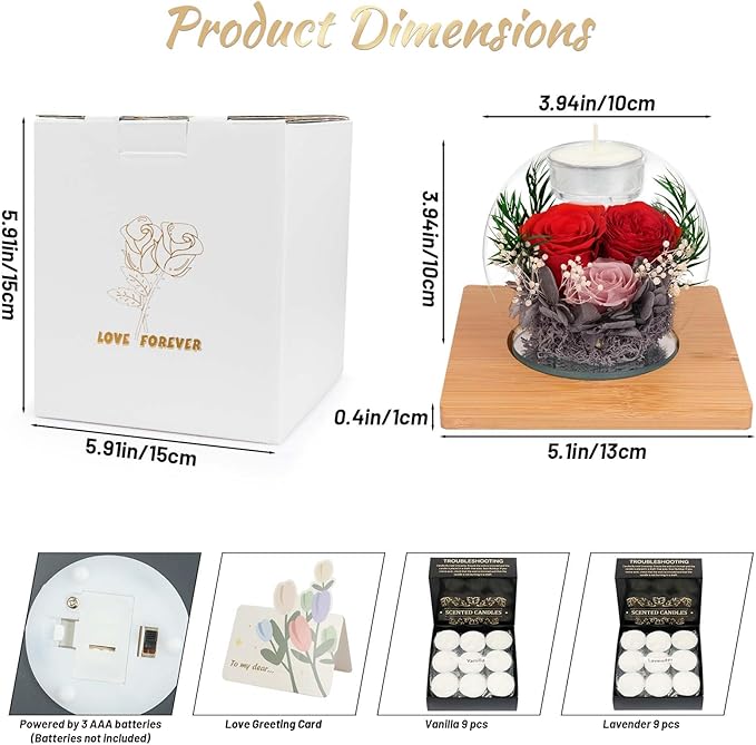 Preserved Purple Real Rose in Glass with Scented CandlesâEternal Flower Romantic Anniversary Mothers Day Christmas Birthday Valentines Day Gifts for Her, Women, Wife, Girlfriend, Mom, Grandma
