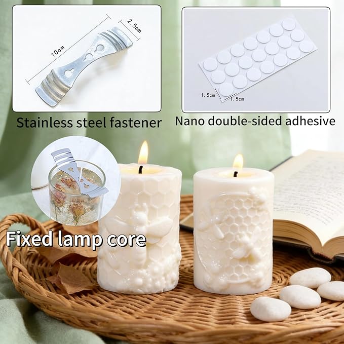 2-Pack Bee & Honeycomb Silicone Molds Set - Cylindrical Bee Flower Molds with 1 Metal Wick Holder & 20 Glue Dots, Perfect for Resin Candles, Soaps, Beeswax, Epoxy Casting & DIY Home Decor