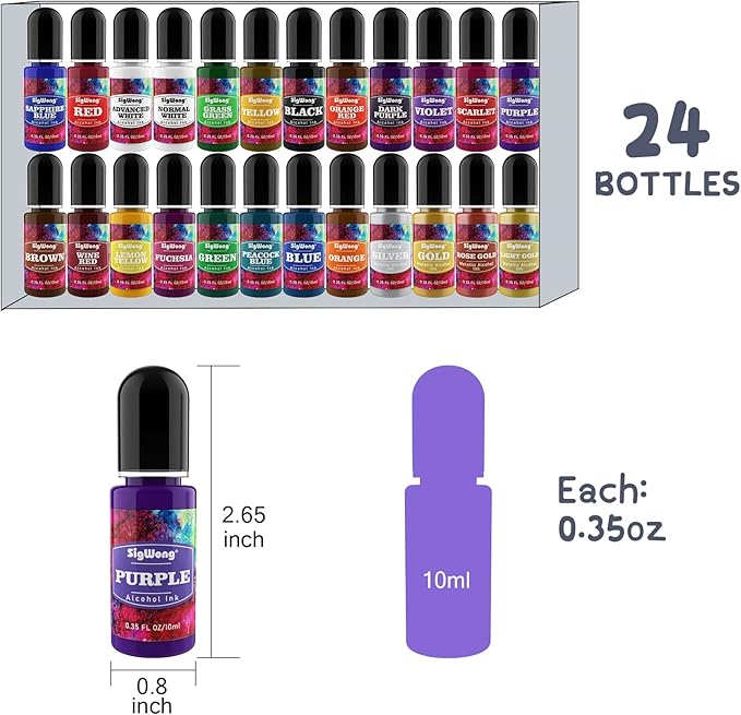 Alcohol Ink Set - 24 Bottles Vibrant Colors High Concentrated Alcohol-Based Ink, Concentrated Epoxy Resin Paint Colour Dye Great for Resin Petri Dish, Coaster, Painting, Tumbler Cup Making(10ml Each)