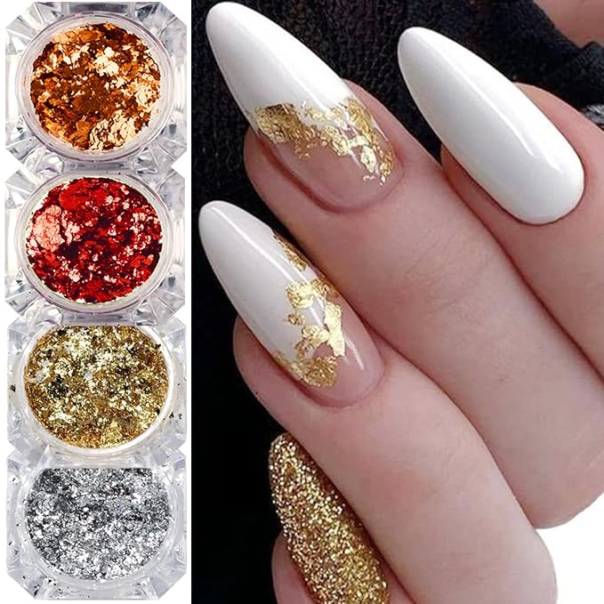 Holographic Nail Foil Glitter Flakes 3D Sparkly Aluminum Foil Flake Sequins Nail Art Accessories Rose Gold Red Silver Foils Glitter Nail Supplies Mirror Powder Acrylic Nails Decoration (4Boxes)