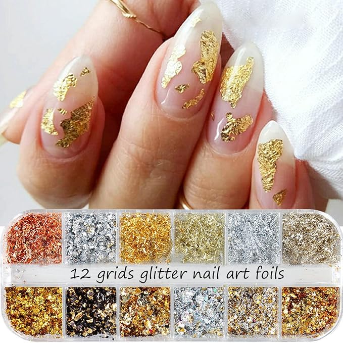 Holographic Nail Glitter Gold Foils for Kit, 12 Grids Sparkly Ultra-Thin Aluminum Foil Nail Art Flakes Designs, Powder Nail Glitters Sequins Acrylic Supplies DIY Manicure Charms Decorations, for Women