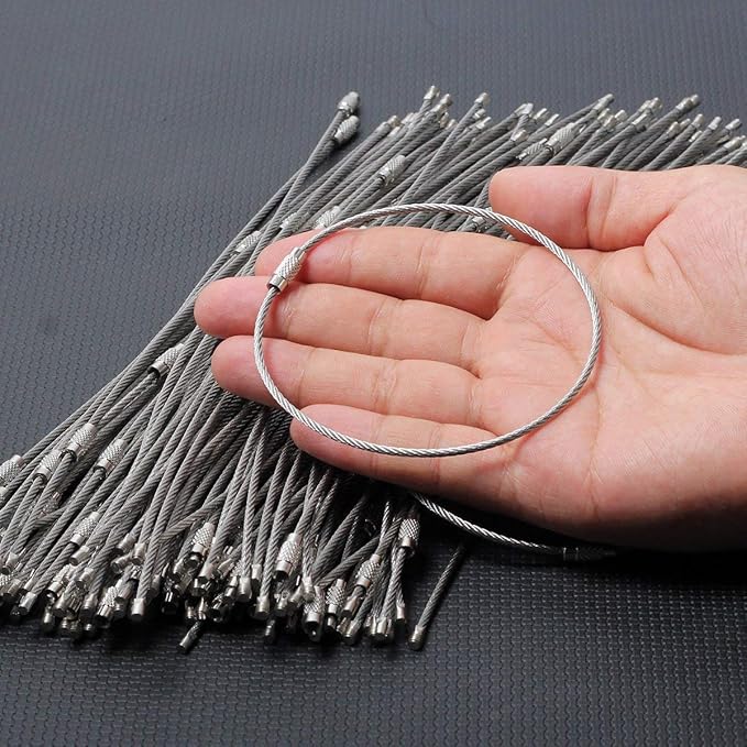 bayite Pack (100) Stainless Steel Wire Keychains Cable, Key Rings, Heavy Duty Luggage Tags Loops Tag Keepers 2mm Twist Barrel (Cable Length: 10 inches)